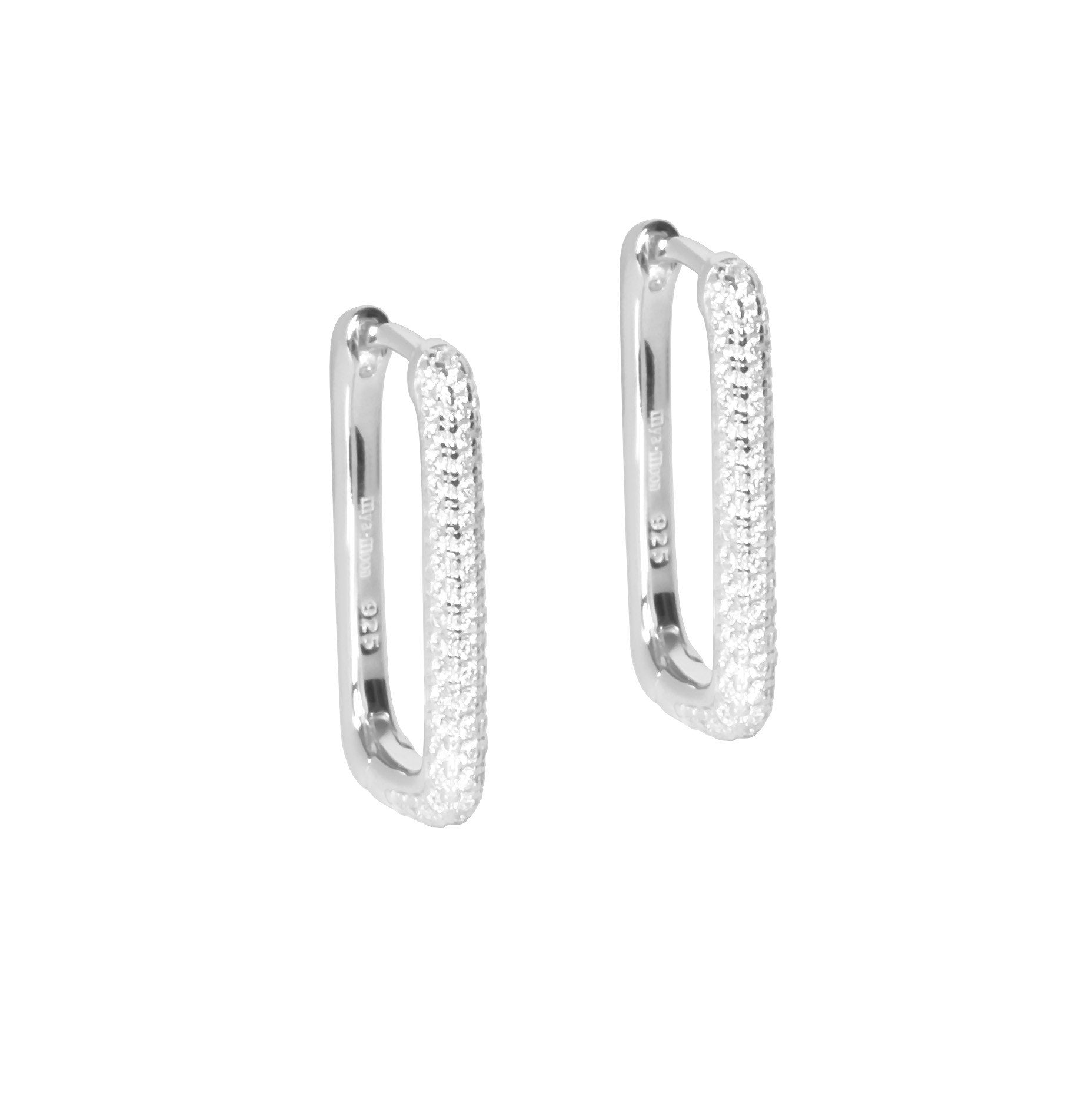 3. Silver-toned rhodium plated hoop earrings with textured surface and zircons on white background