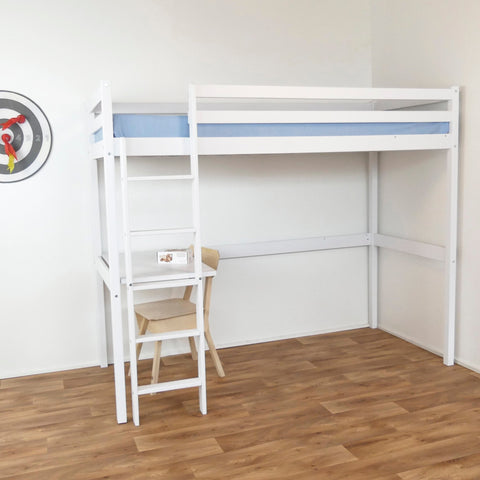 1. White high sleeper bed with integrated desk and ladder in a room with wooden flooring, featuring a blue mattress and a chair underneath