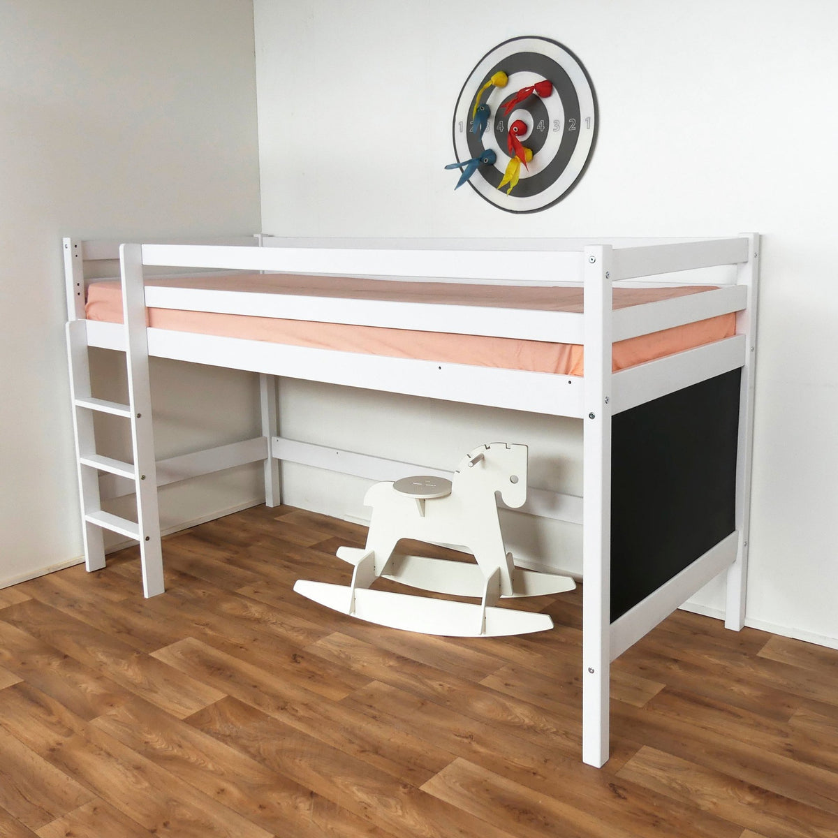 2. White mid-height bunk bed with chalkboard end, ladder on the left, in a child's room with wooden floor and rocking horse