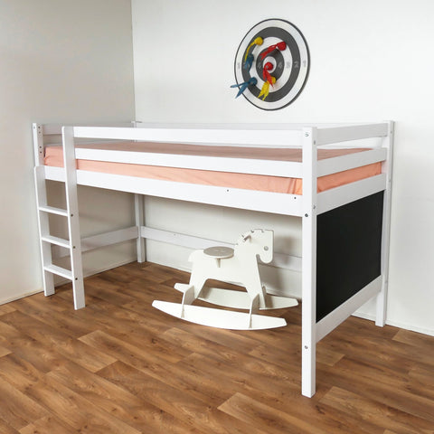 2. White mid-height bunk bed with chalkboard end, ladder on the left, in a child's room with wooden floor and rocking horse