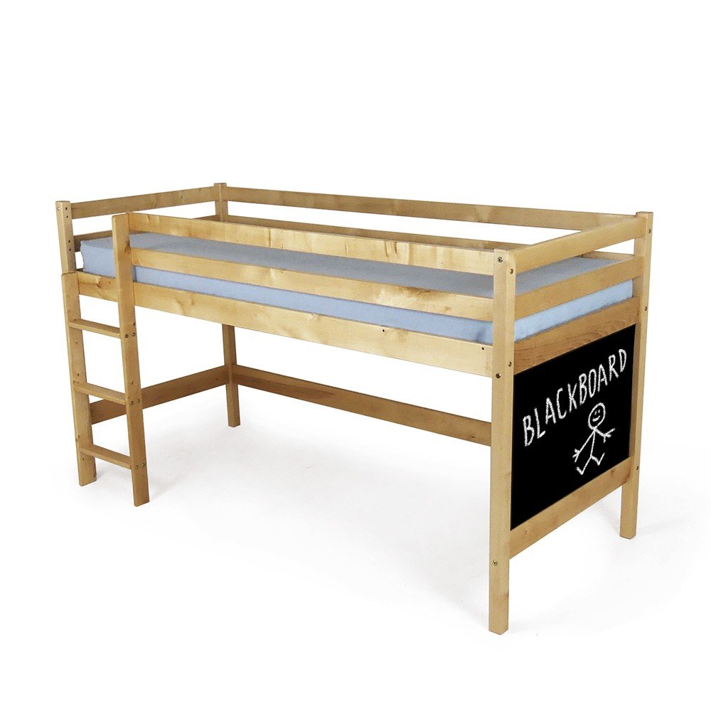 1. Natural wood mid-height bunk bed with chalkboard end, featuring a ladder on the left side, shown in a studio setting