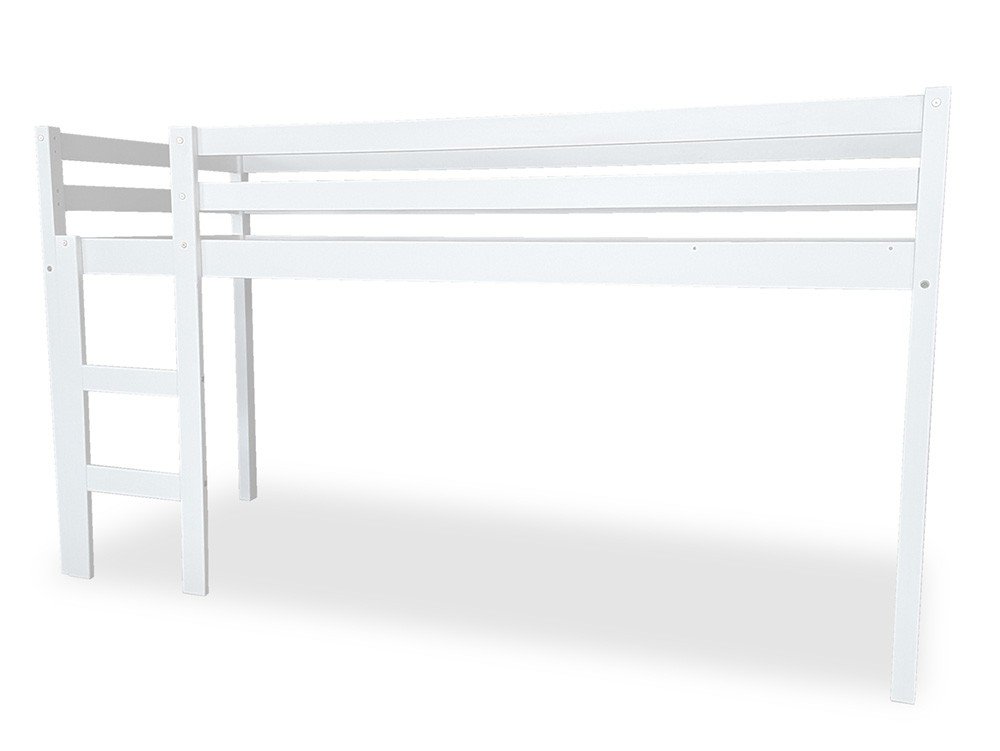2. White mid-height bunk bed with ladder on left side, crafted from solid birch, displayed in studio setting