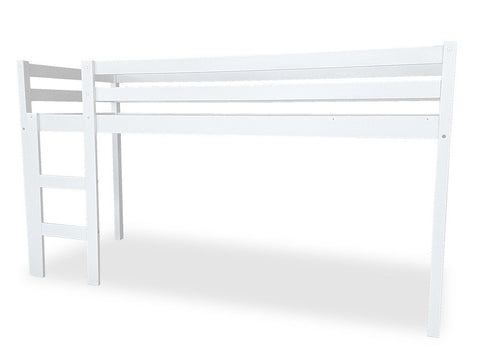 2. White mid-height bunk bed with ladder on left side, crafted from solid birch, displayed in studio setting