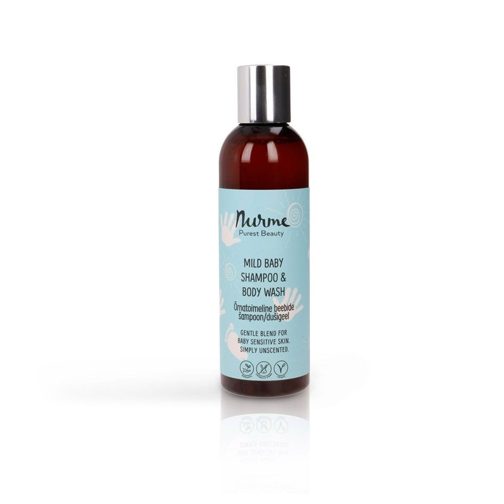 3. Studio shot of Nurme Mild Baby Shampoo & Body Wash bottle with blue label on white background