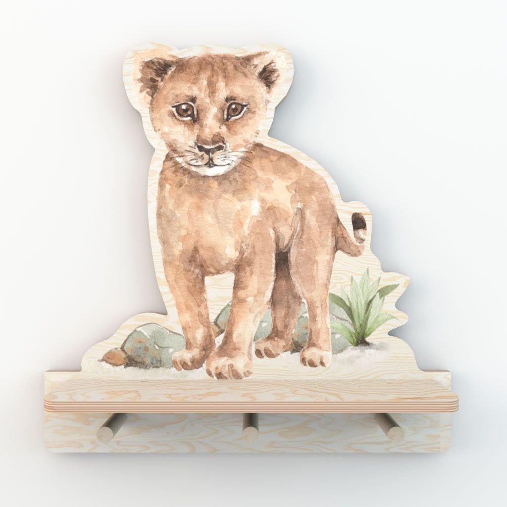 2. Studio shot of Dekornik mini wall shelf with lion design, featuring three pegs and a plywood construction
