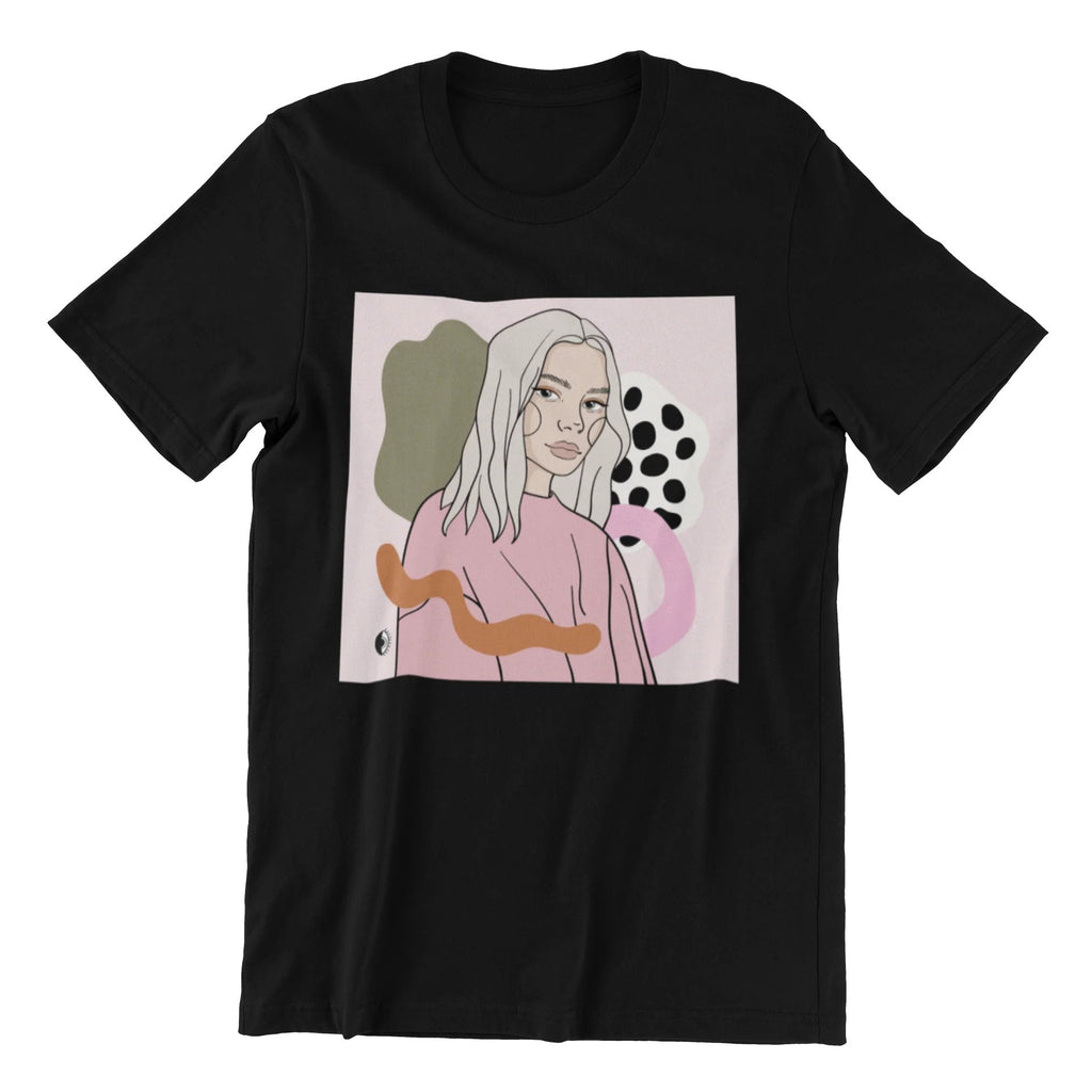 2. Unisex black organic cotton T-shirt featuring Getter Tiivits artwork, studio setting