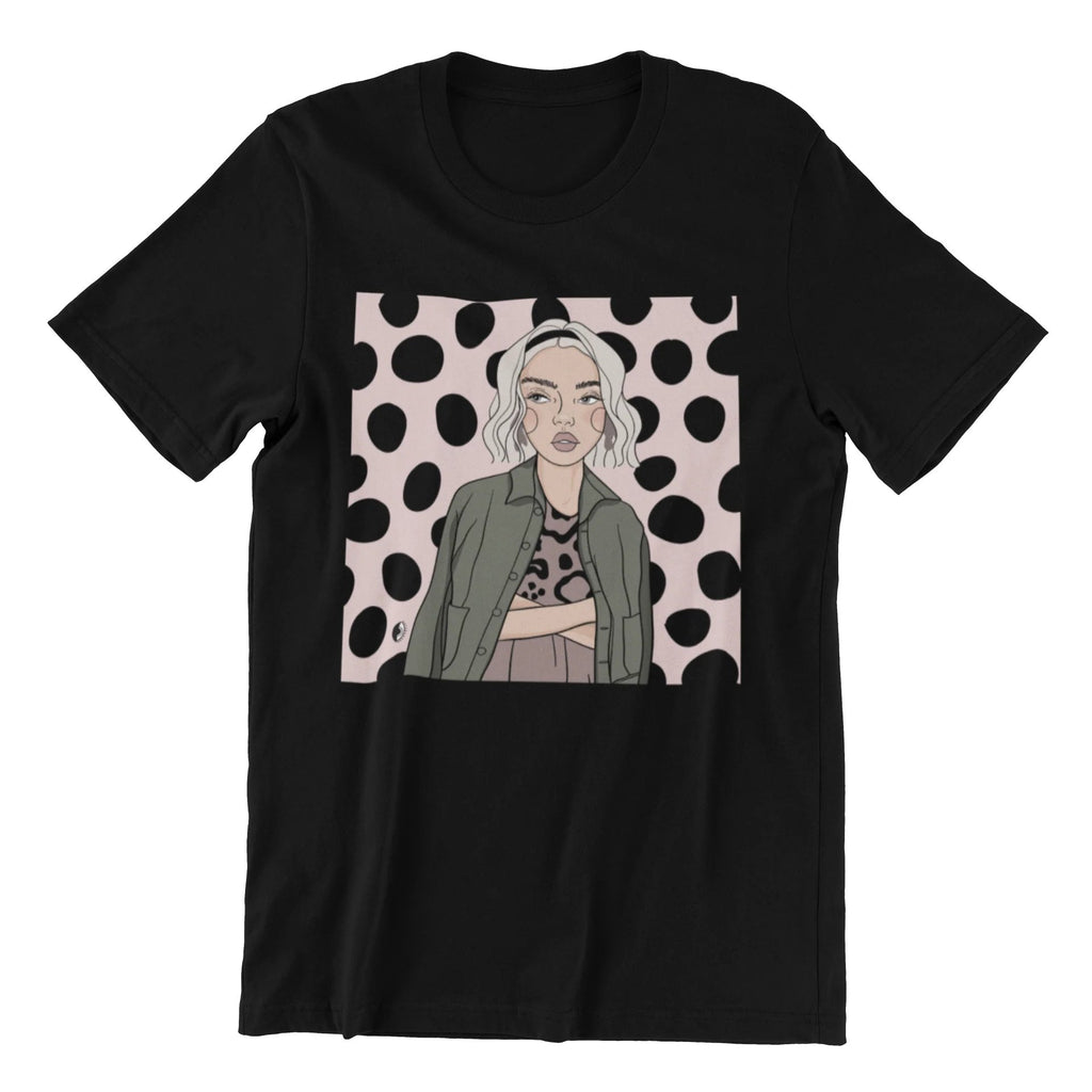 2. Unisex black organic cotton T-shirt with illustration by Getter Tiivits, showcasing oversized fit and sustainable design