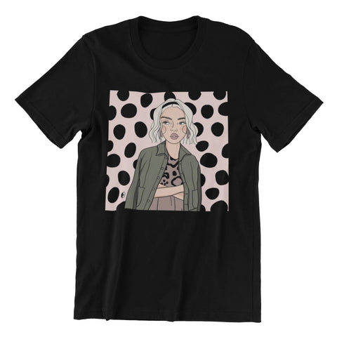 2. Unisex black organic cotton T-shirt with illustration by Getter Tiivits, showcasing oversized fit and sustainable design