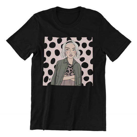 2. Unisex black organic cotton T-shirt with illustration by Getter Tiivits, showcasing oversized fit and sustainable design