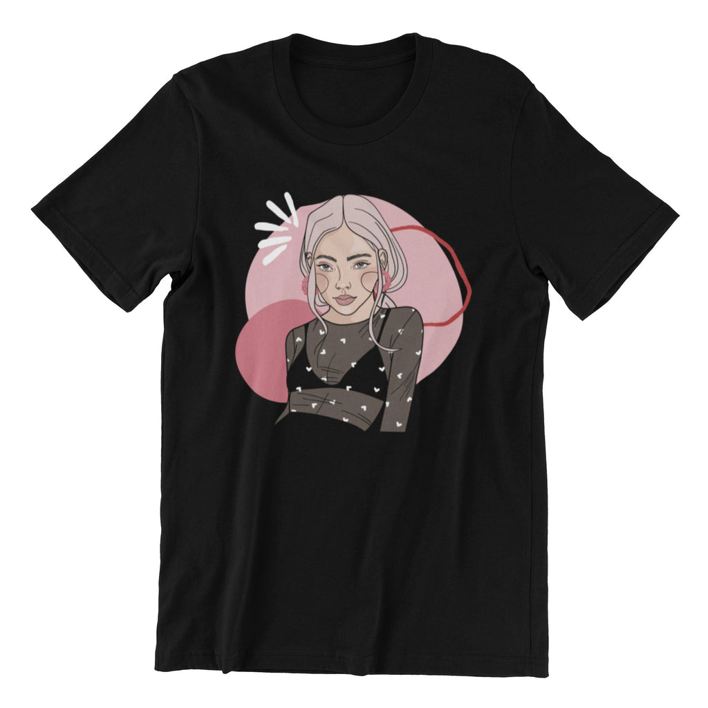 2. Unisex black organic cotton T-shirt with illustration by Getter Tiivits, featuring a playful design, shown in studio setting