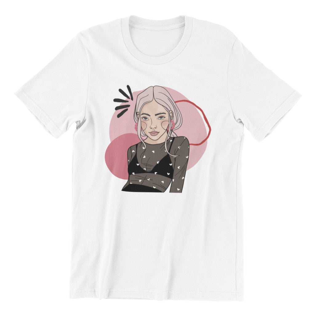1. Unisex white organic cotton T-shirt with illustration by Getter Tiivits, featuring a playful design, shown in studio setting