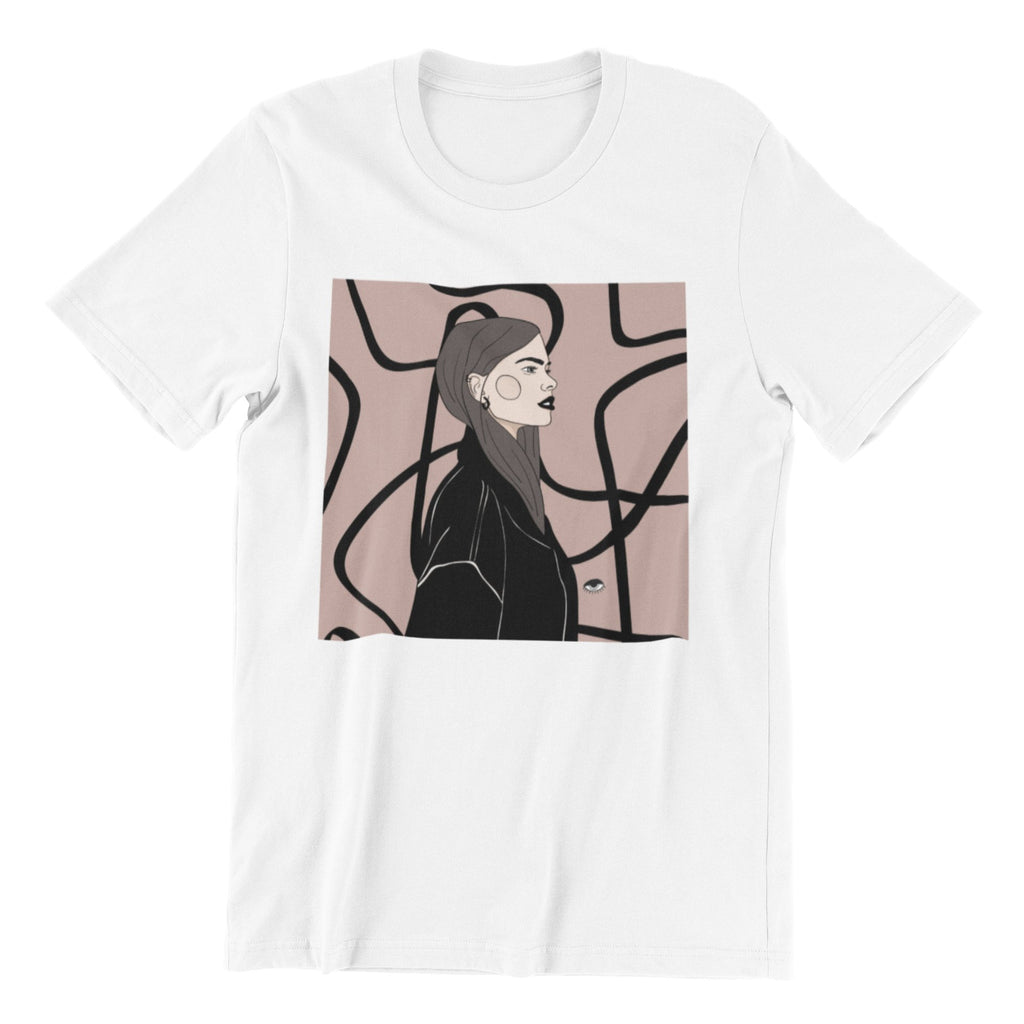 1. Unisex organic cotton t-shirt in white featuring a playful illustration by Getter Tiivits, shown in studio setting