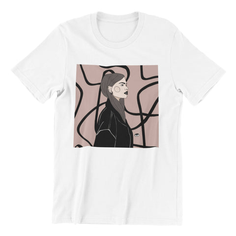 1. Unisex organic cotton t-shirt in white featuring a playful illustration by Getter Tiivits, shown in studio setting