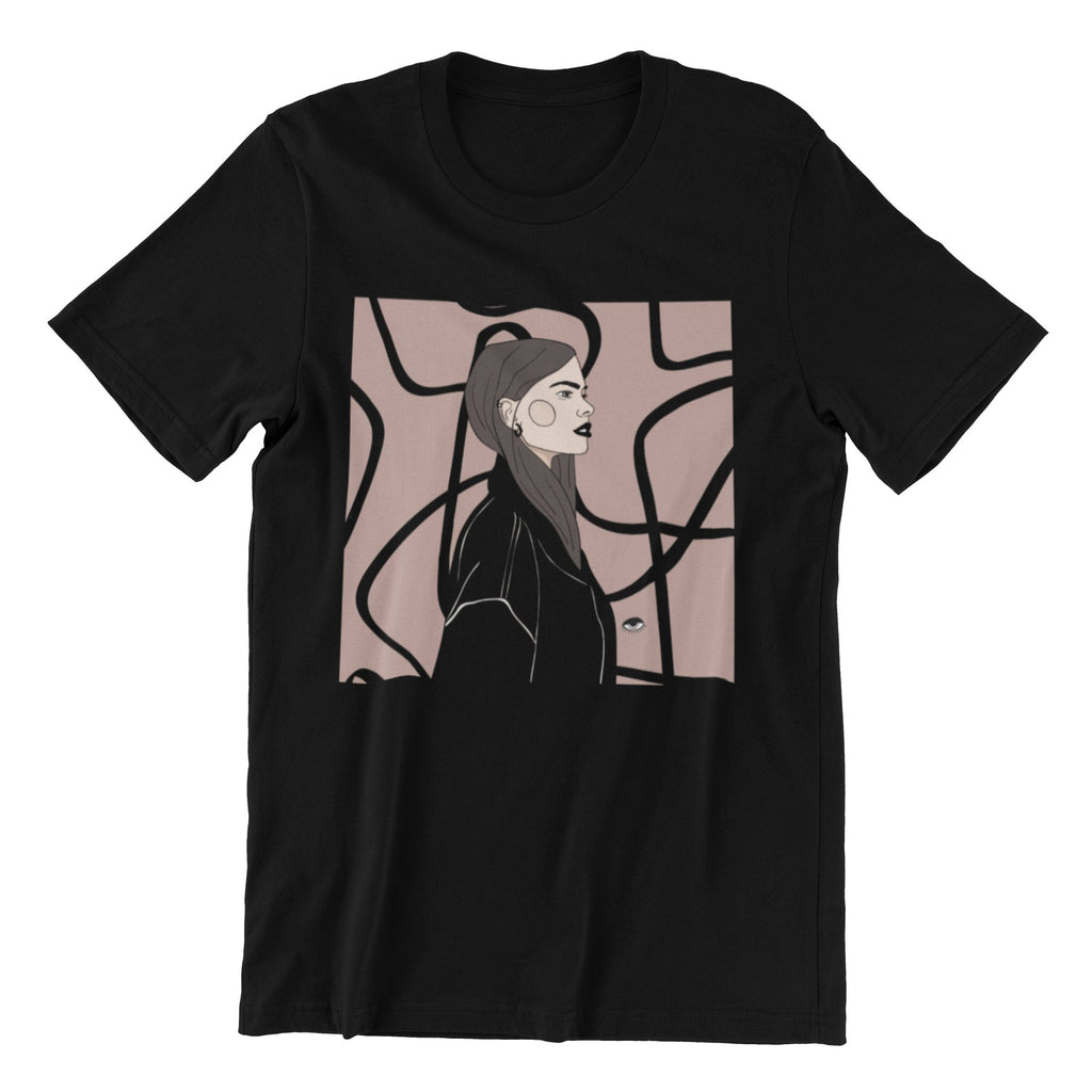 2. Unisex organic cotton t-shirt in black with a unique illustration by Getter Tiivits, displayed in studio setting
