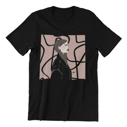 2. Unisex organic cotton t-shirt in black with a unique illustration by Getter Tiivits, displayed in studio setting