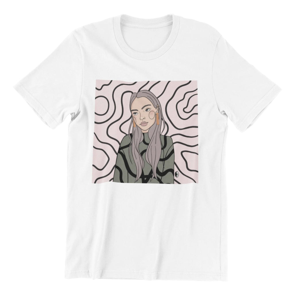 3. Unisex white organic cotton T-shirt with Getter Tiivits illustration in studio setting
