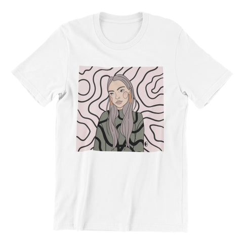 3. Unisex white organic cotton T-shirt with Getter Tiivits illustration in studio setting