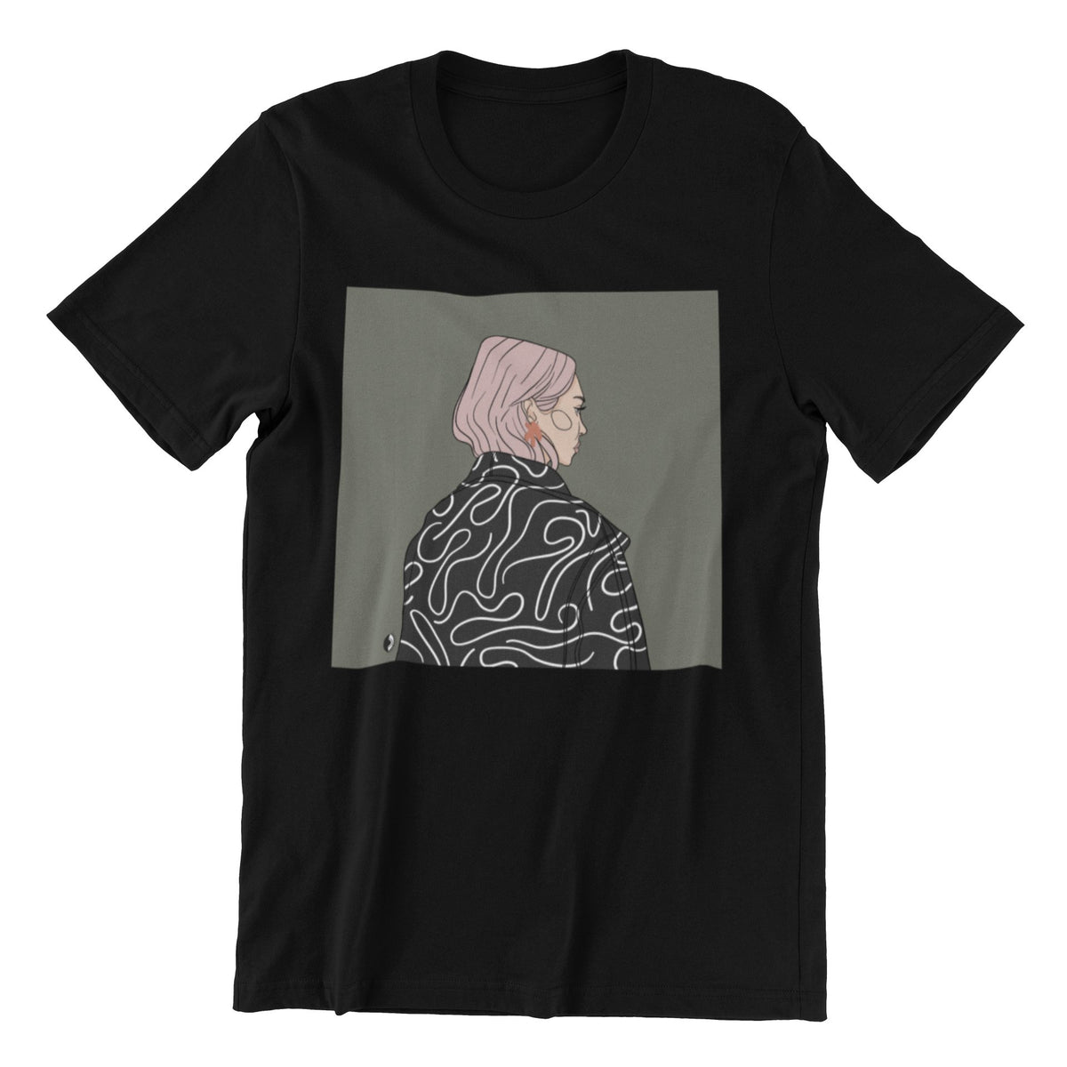 1. Unisex black organic cotton t-shirt with illustration by Getter Tiivits, featuring oversized fit and eco-friendly print