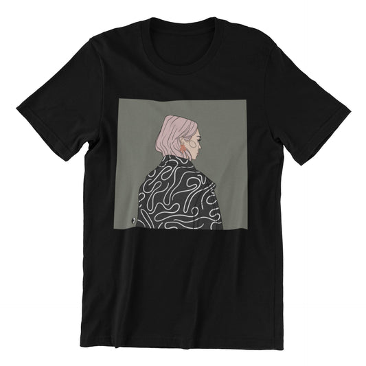 1. Unisex black organic cotton t-shirt with illustration by Getter Tiivits, featuring oversized fit and eco-friendly print
