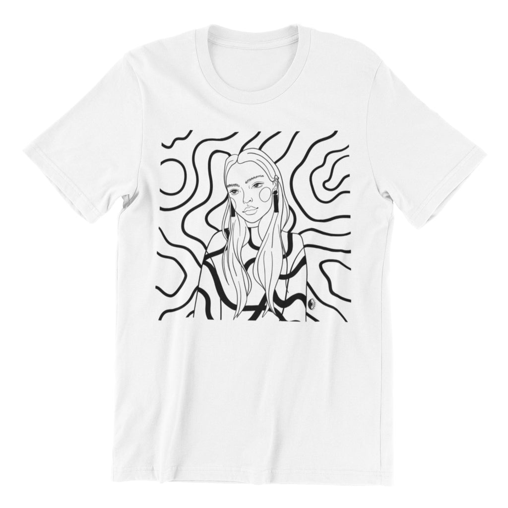 1. Unisex organic cotton t-shirt with black and white illustration by Getter Tiivits, shown in studio setting