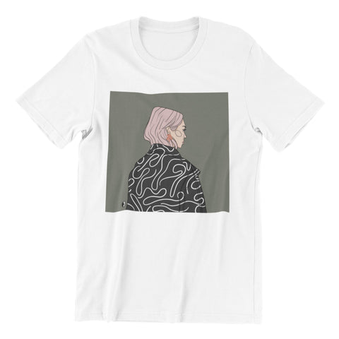 2. Unisex white organic cotton t-shirt with illustration by Getter Tiivits, showcasing relaxed oversized style
