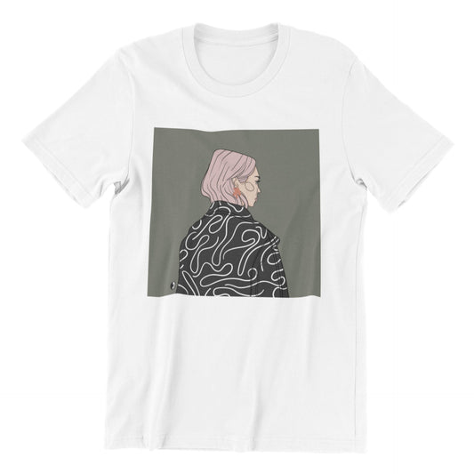 2. Unisex white organic cotton t-shirt with illustration by Getter Tiivits, showcasing relaxed oversized style