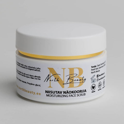 1. North Beauty Moisturizing Face Scrub with Jojoba Oil, 50ml jar, featuring vegan and cruelty-free labels, shown in studio setting