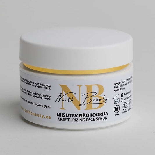 1. North Beauty Moisturizing Face Scrub with Jojoba Oil, 50ml jar, featuring vegan and cruelty-free labels, shown in studio setting