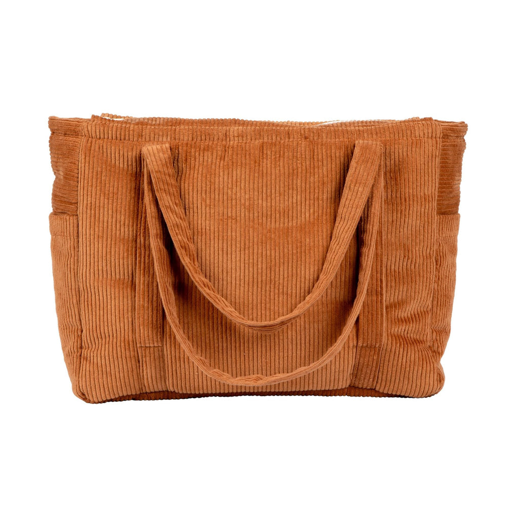 5. Back view of caramel velvet weekender bag with dual handles in studio setting