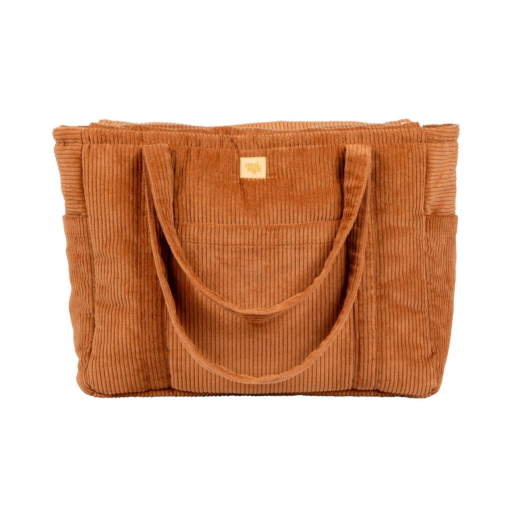 6. Front view of caramel velvet weekender bag with moi mili logo in studio setting