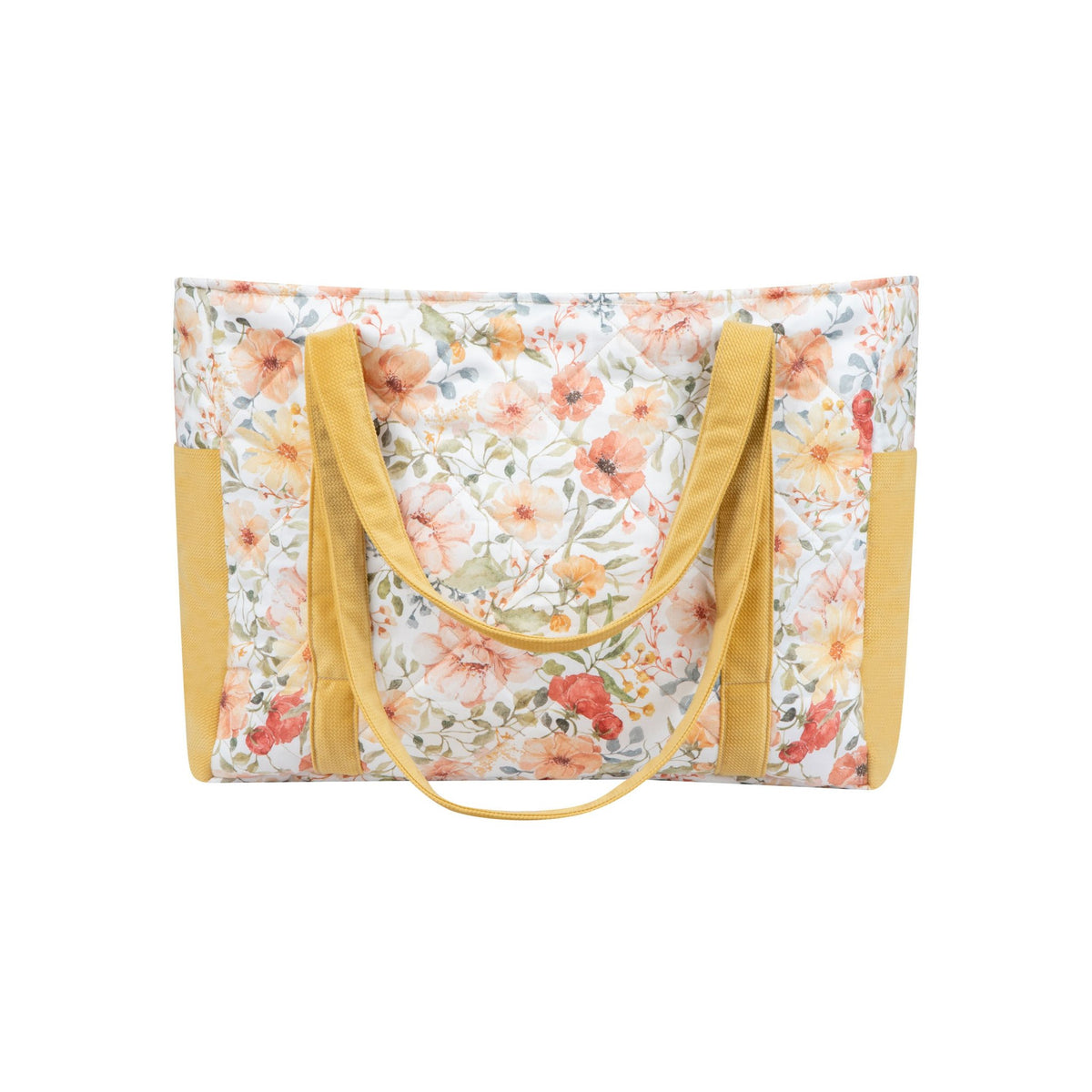 4. Studio shot of floral and yellow weekender bag showing back design and straps