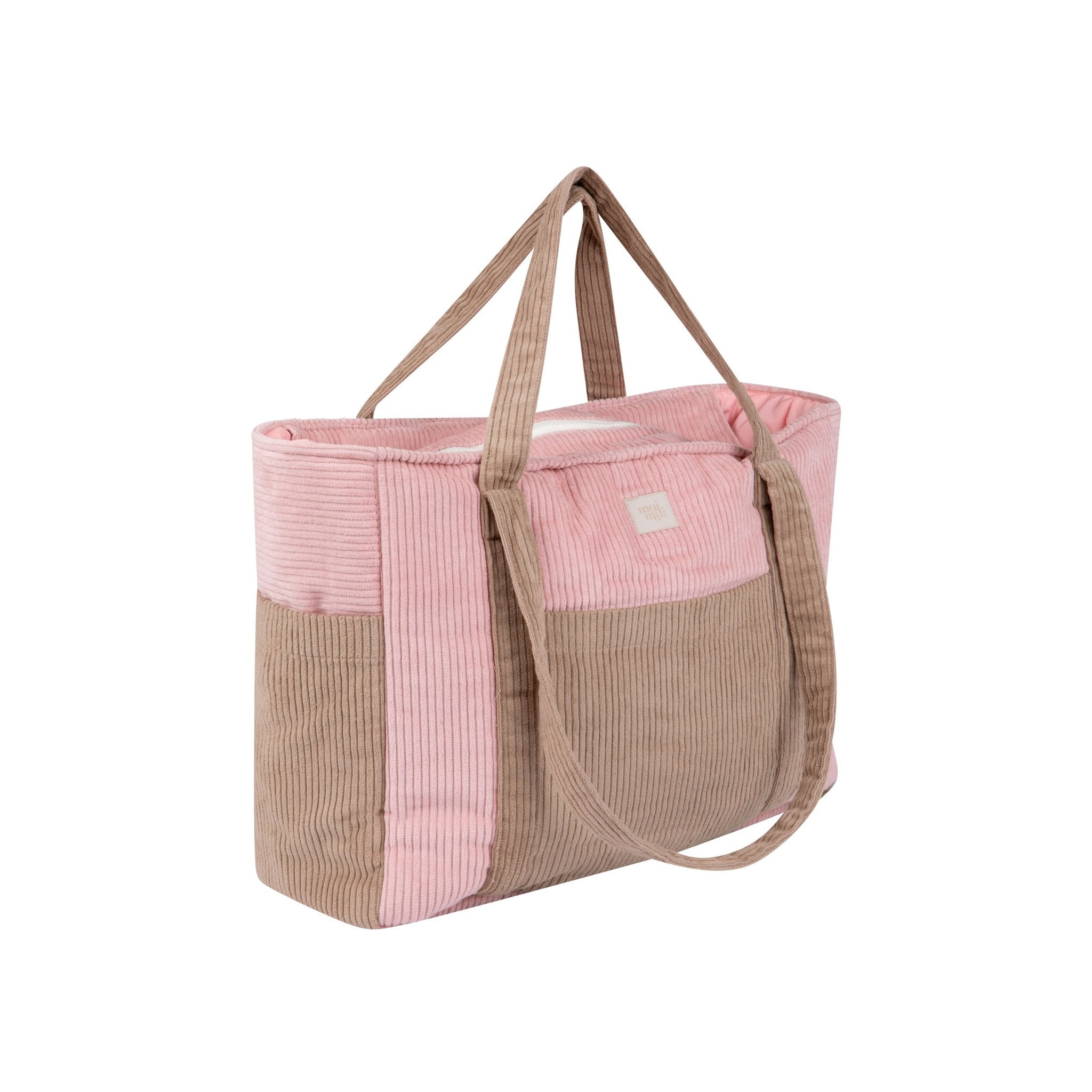 5. Side view of pink and coffee-colored weekender bag with dual handles in studio setting