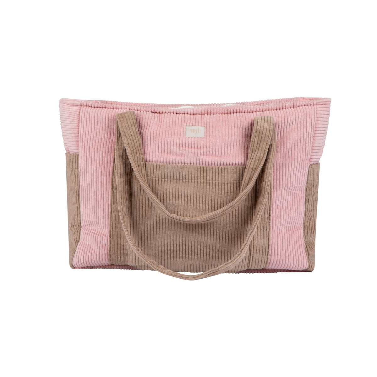 4. Studio shot of pink and coffee-colored weekender bag with visible logo, shown from the back