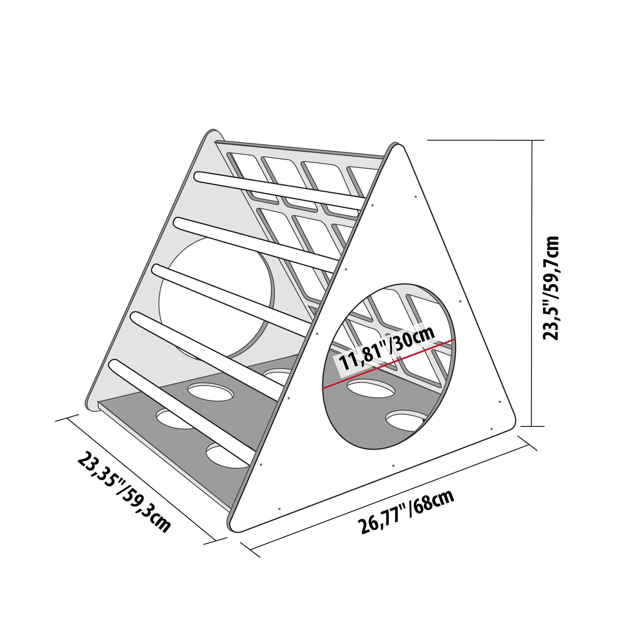 5. Size chart for Montessori 3-angle climber showing dimensions in centimeters and inches