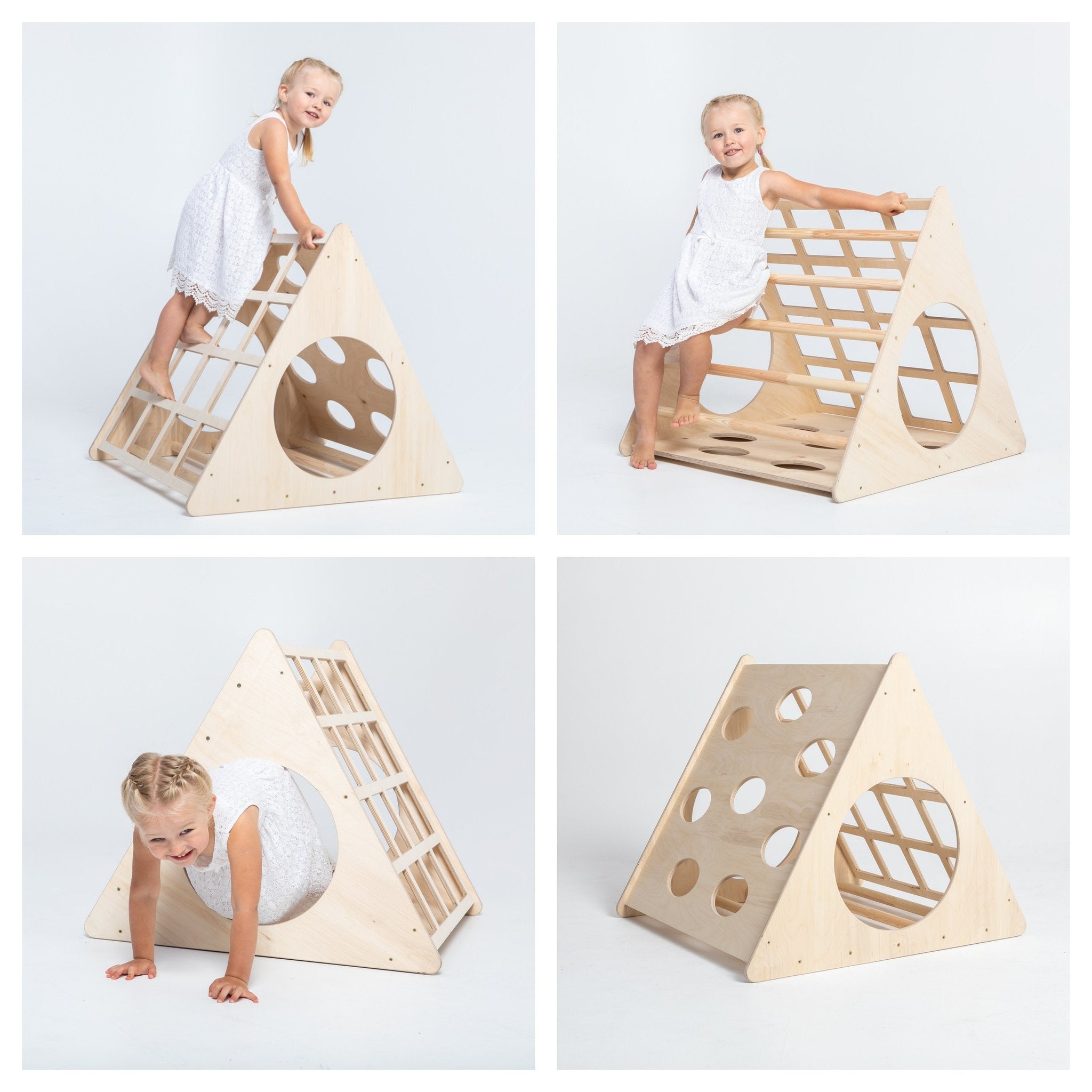1. Collage of young girl in white dress playing on Montessori 3-angle climber in studio setting