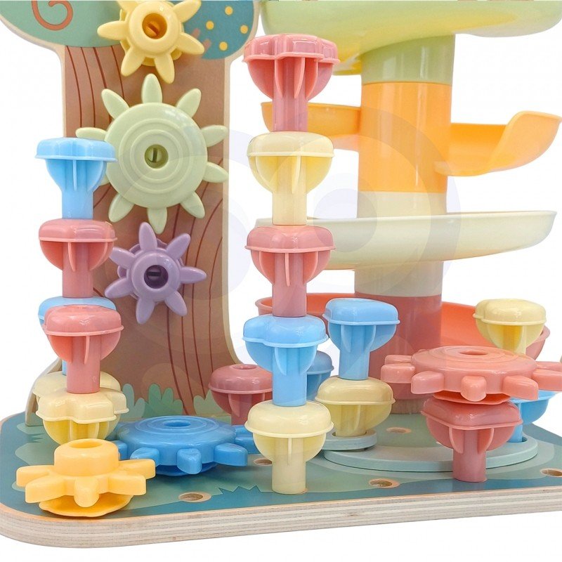 8. Detailed view of colorful spinning gears and marble run on the Woopie Montessori 4-in-1 activity tree.