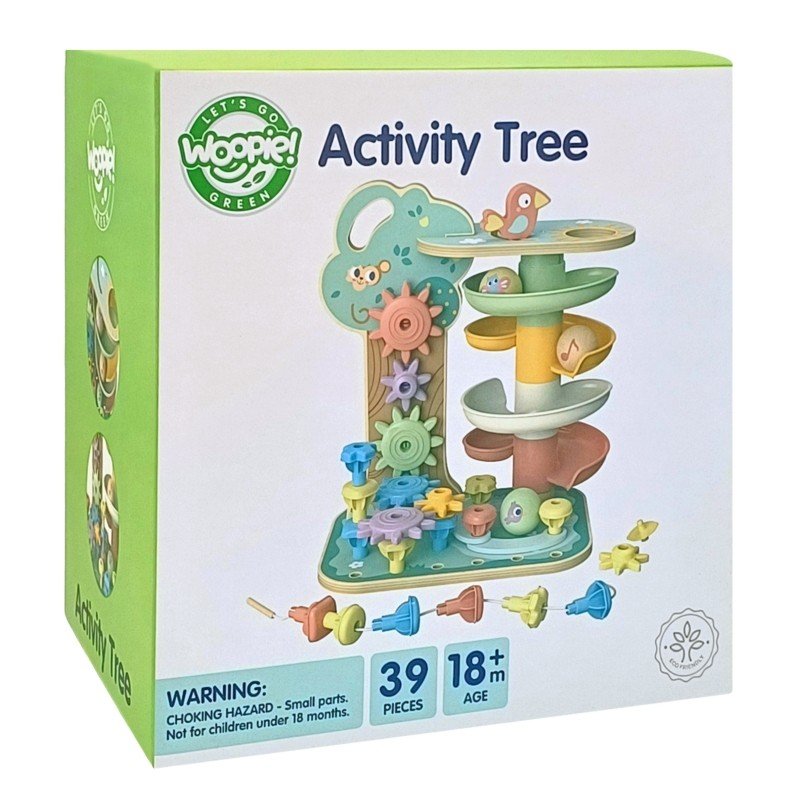 13. Box of Woopie Montessori 4-in-1 activity tree, highlighting the product's features and age recommendation.