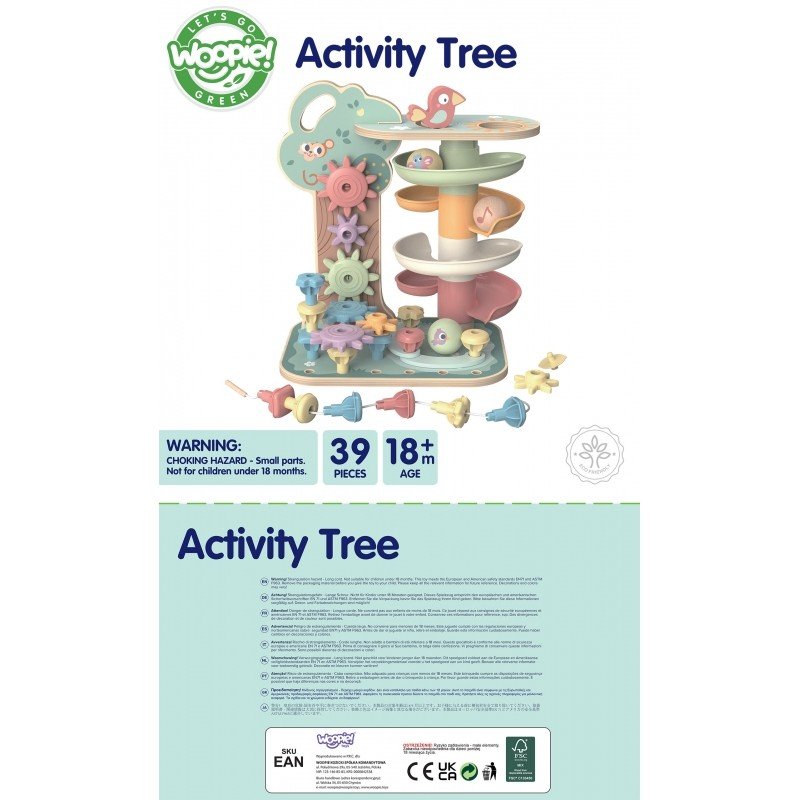 2. Packaging of Woopie Montessori 4-in-1 activity tree showing product features and age suitability for 18 months and older.
