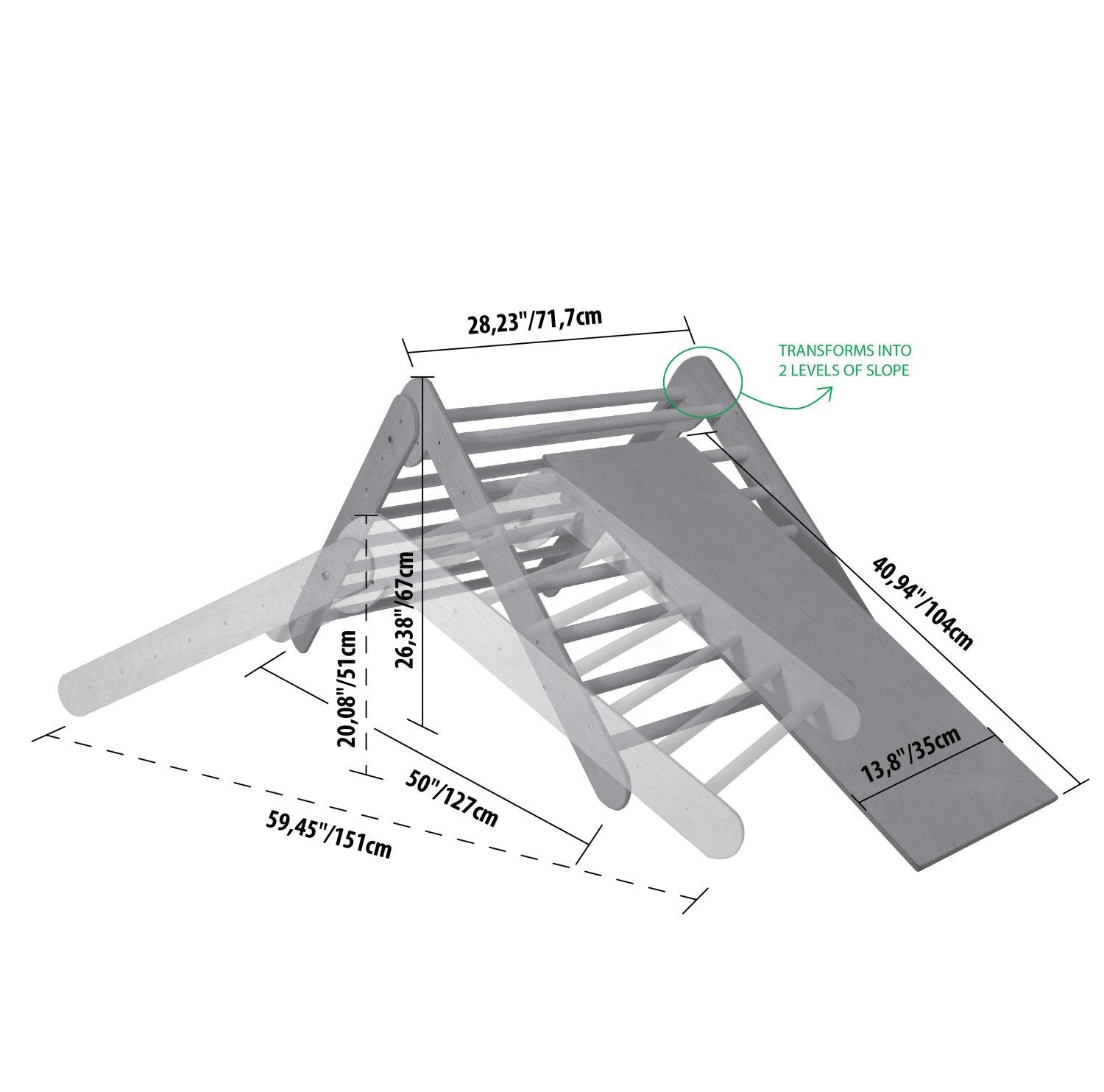 5. Size chart for Montessori climbing triangle with ramp, showing dimensions in centimeters and inches