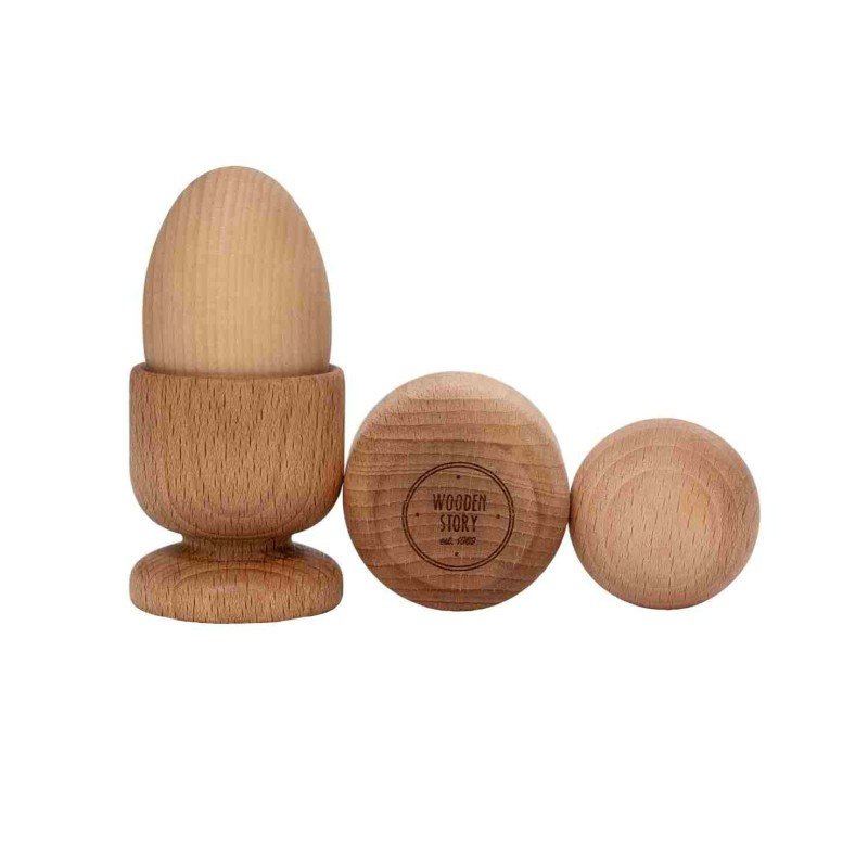 2. Close-up of Montessori Egg, Ball, and Square set by Wooden Story with logo visible on wooden ball on a white background
