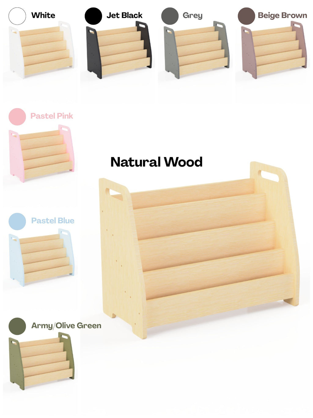 6. Color options for Montessori book display including natural wood, white, jet black, grey, beige brown, pastel pink, pastel blue, and army olive green.