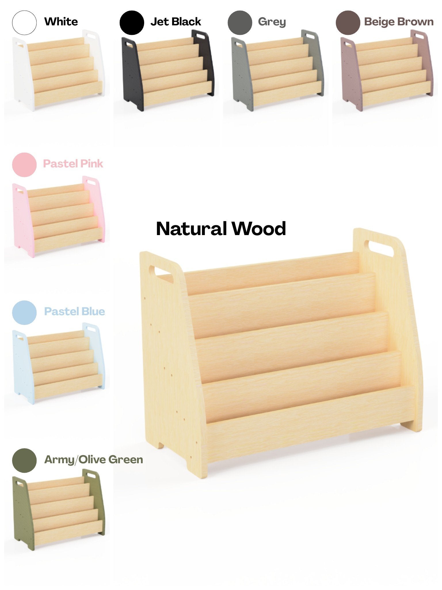 6. Color options for Montessori book display including natural wood, white, jet black, grey, beige brown, pastel pink, pastel blue, and army olive green.