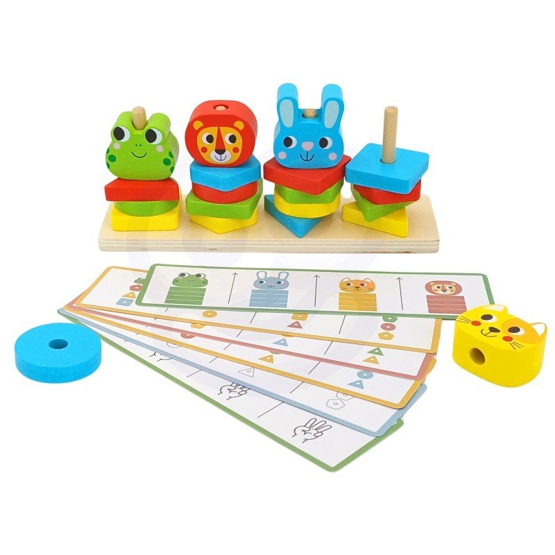10. Montessori puzzle pyramid with colorful animal blocks and pattern cards on white background