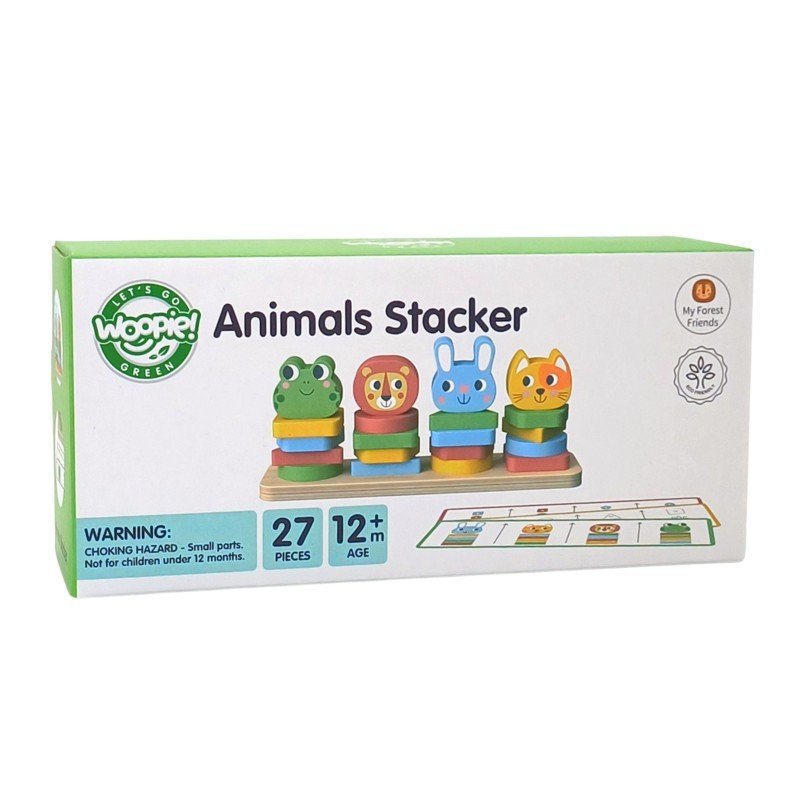 15. Woopie Let's Go Green Animals Stacker box showing colorful animal blocks and pattern cards