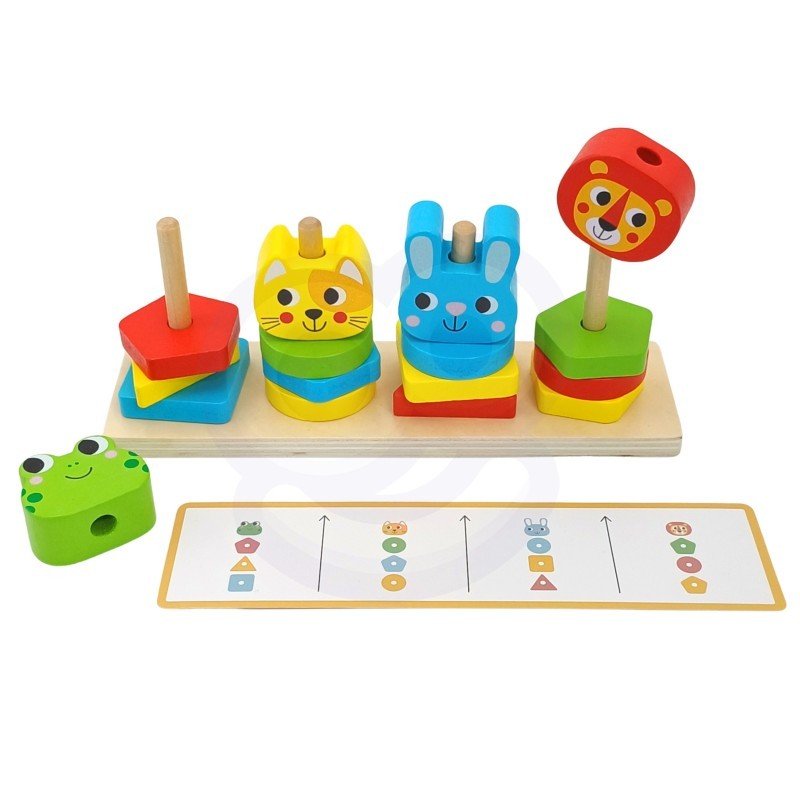 11. Montessori puzzle pyramid with colorful animal blocks and pattern card on white background