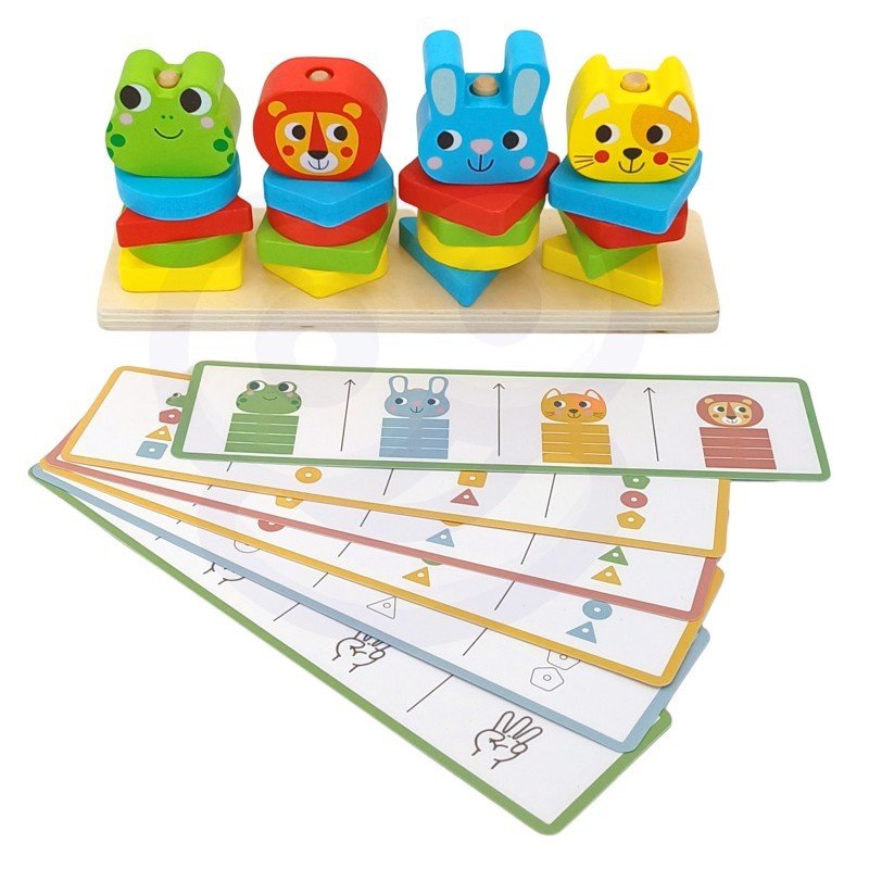 14. Montessori puzzle pyramid with colorful animal blocks and pattern cards on white background