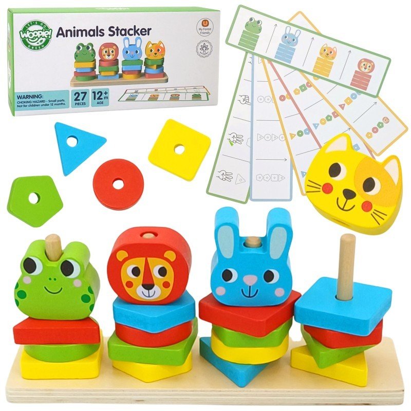 16. Montessori puzzle pyramid set with colorful animal blocks, geometric shapes, and pattern cards on white background