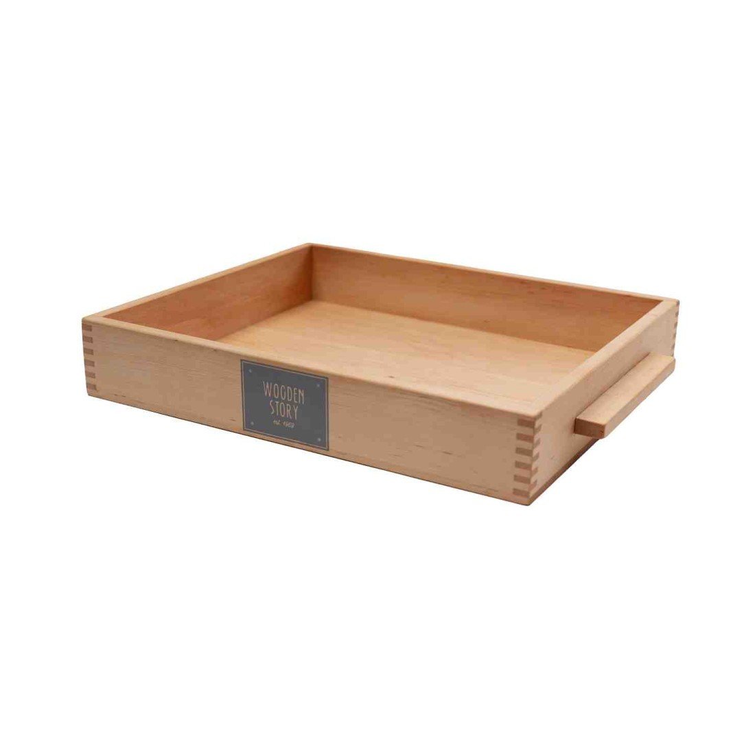2. Wooden Montessori tray with handle, empty, showcasing Wooden Story logo and smooth finish