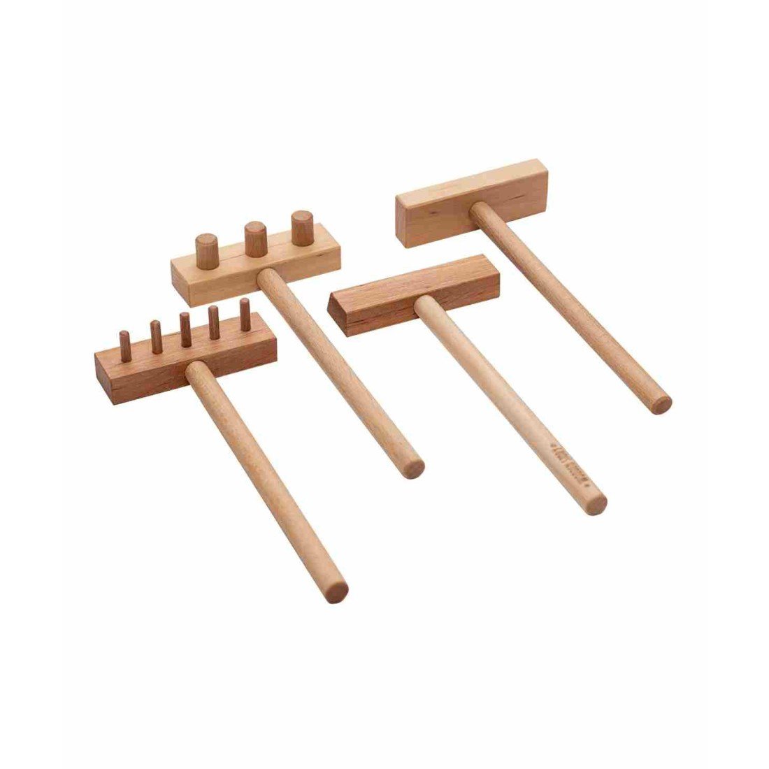 1. Set of four Montessori wooden tray accessories with natural finish, designed for child development, shown on a white background
