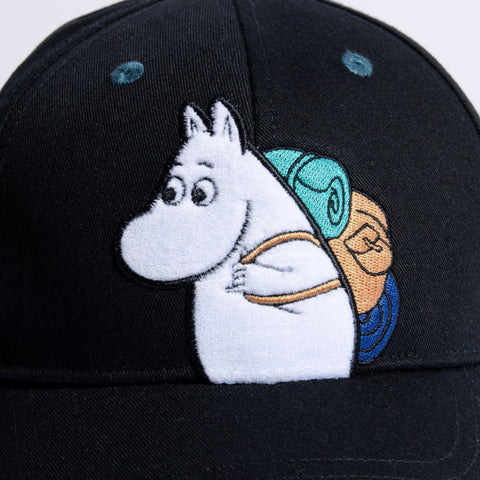 3. Close-up of Moomin character embroidery on black Moomin Adventure Kids Cap